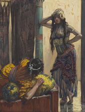 Jezebel, standing, speaks to Ahab, lying down.