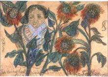 A colorful sketch of a woman's face and torso surrounded by five orange-yellow sunflowers