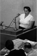 Hansi Brand sitting in the witness box of a courtroom, with two men sitting in front of her at a table with stacks of books and folders