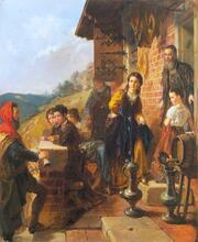 painting of a man approaching a house, with a woman waiting at the door and other family standing around watching