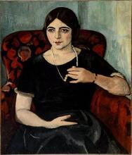 A painted portrait of Edith Gregor Halpert, sitting in a red armchair, wearing a black dress and playing with her necklace