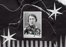 Collage with photo of Charlotte Charlaque surrounded by black and white designs.