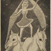 An illustration of a woman in a short, sparkling costume standing astride two white horses