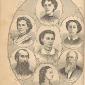 Engraving with 7 portraits in a circle, Cora Wilburn on the right. Text across the bottom: Our Co-Workers