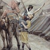 A man holds a panicking Dinah as another man on a camel reaches for her. 