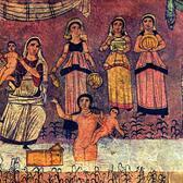 The daughter of Pharaoh, surrounded by her maidservants, draws Moses from the Nile.