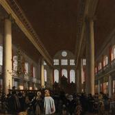A painting of the Portuguese Synagogue, a large, open building with interior columns, chandeliers, and many windows. There is a large group of men, women and children inside, facing the ark, and a couple of dogs near the entrance.