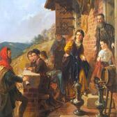 painting of a man approaching a house, with a woman waiting at the door and other family standing around watching