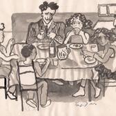 Watercolor illustration of four sad children and a man in a pinstripe suit sitting around a table, eating