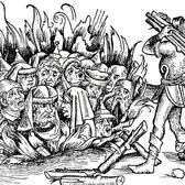 A woodcut of a crowd of people burning alive, with another about to throw more wood on the fire