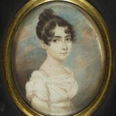 Painted portrait of a woman with light skin, dark hair, and large eyes, wearing a white gown