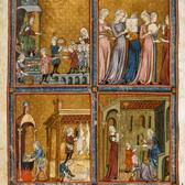 Folio leaf from a 1320s Sephardi Golden Haggadah with four miniature paintings depicting scenes from the Book of Exodus, set against gold-tooled backgrounds