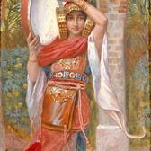 Jepthah's daughter stands holding a timbrel.