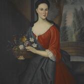 portrait of a woman with dark hair wearing a red gown and holding a basket of flowers