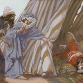 Jael leads Barak to the corpse of Sisera in her tent. 