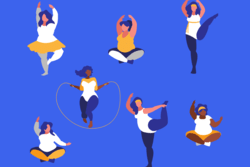 Illustration of plus-size women doing various exercises.