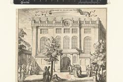 an egraving of several small groups of women approaching a large building with three rows of windows, and a man standing at the door to welcome them
