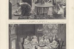A two-panel engraving. The top shows two women searching for crumbs using a candle and a feather in a kitchen, with another woman and two children standing at the table. The bottom shows a group of adults sitting around a large table loaded with dishes, each holding an open haggadah.