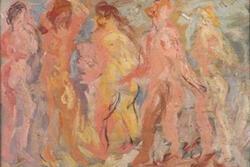 An abstract painting of five nude women against a predominantly blue background