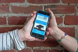 Two hands hold smart phone with image of Story Aperture mobile app on screen in front of a brick wall.