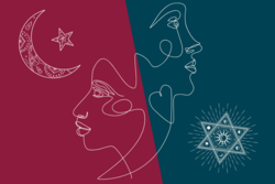Collage of two faces with Star of David and Muslim star and crescent