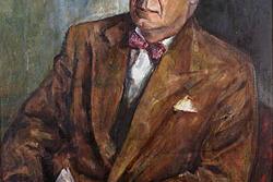 Oil portrait of a man in a brown suit with a newspaper