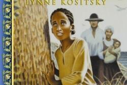 An illustration of a girl with her hair in cornrows leaning against a tree, looking hopefully forward, with a man in a hat and a woman holding a baby behind her.