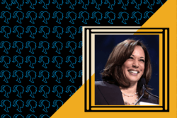 Photo of Kamala Harris with Barbie Silhouette Background