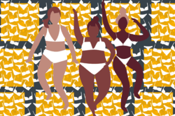 Collage with Three Women in Underwear; Background of Squares overlayed with underwear