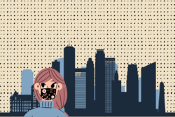 Illustration of White Woman with Pink Hair in Front of City Buildings and Small Dots in the Background