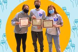 Collage with Image of Georgia Fried and Her Siblings Holding Volunteer Certificates for 2020 Polls in Columbus, OH 