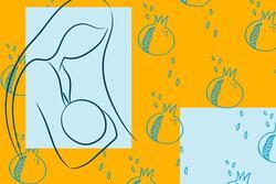 Collage with Breastfeeding Outlined Figure with Blue Pomegranate Patterned Yellow Background