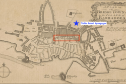 A hand-drawn map of Bridge Town, Barbados, with added graphics: a red box around Swan Street and a blue star indicating Nidhe Israel Synagogue, approximately a block north