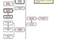 Three generations of a family tree, indicating that 10 out of 20 members are documented as born enslaved and 5 out of 20 are documented as Jewish, with two both born enslaved and Jewish.