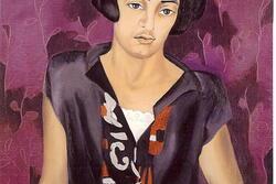 Portrait of a dark-haired girl wearing a collared purple dress against a purple background