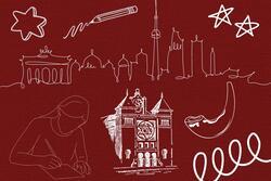 Outlined drawings of city skyline, old synagogue, girl writing, and other doodles on red background