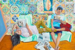 colorful painting of a father and daughter reading the New York Times