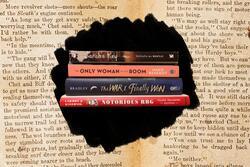 Collage of stack of books superimposed over antique printed paper