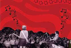 Collage of band Sleater-Kinney on red background