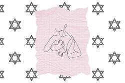 A white rectangle with a Stars of David pattern. A pink rectangle in the middle with the artistic silhouette of the bust of a woman.