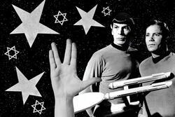Collage with stars and Spock and Captain Kirk and stars and a hand making a Vulcan salute