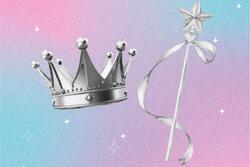 Collage with tiara and scepter with pink and blue sparkly background
