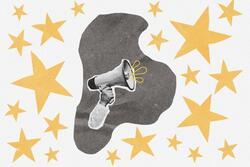 Collage of hand holding a megaphone with stars in the background
