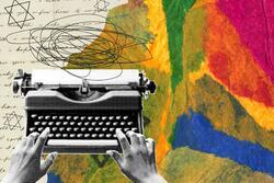 Colorful collage of a typewriter with stars of david in the top left corner