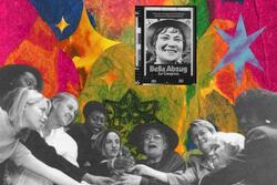 Collage with images of Bella Abzug and a rainbow background.