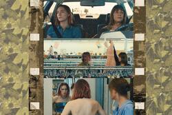 Collage with mage of Lady Bird and her mom driving in a car and trying on a dress