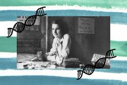 Collage with black and white photo of Rosalind Franklin. Blue and green stripes and double helix imagery in the background.