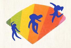 Collage of women dancing with a rainbow background