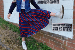 Young woman standing next to brick wall, wearing ankle-length blue skirt with red striped pattern and a Vans shirt underneath a jean jacket. Signs photoshopped into the image next to the young woman in English and Hebrew read: "Please do not pass through our neighborhood in immodest clothes" 