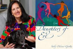Collage of woman with dark hair holding dog in lap, and book cover reading "Daughters of Eve"
